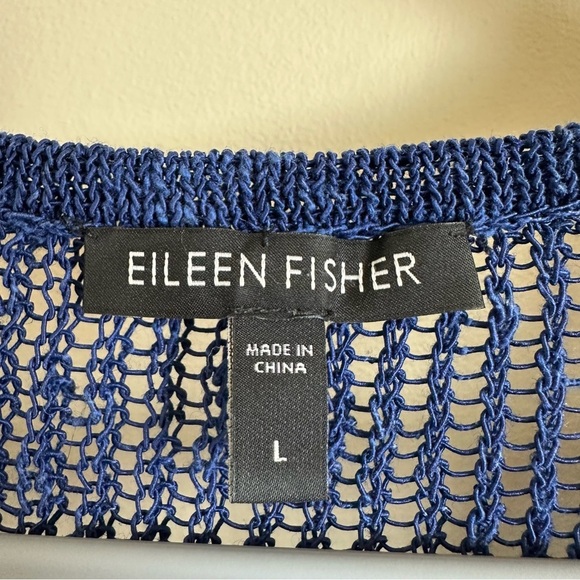 Eileen Fisher size Large Blue Linen Blend Open Weave Sweater Asymmetrical V Neck - Picture 2 of 7